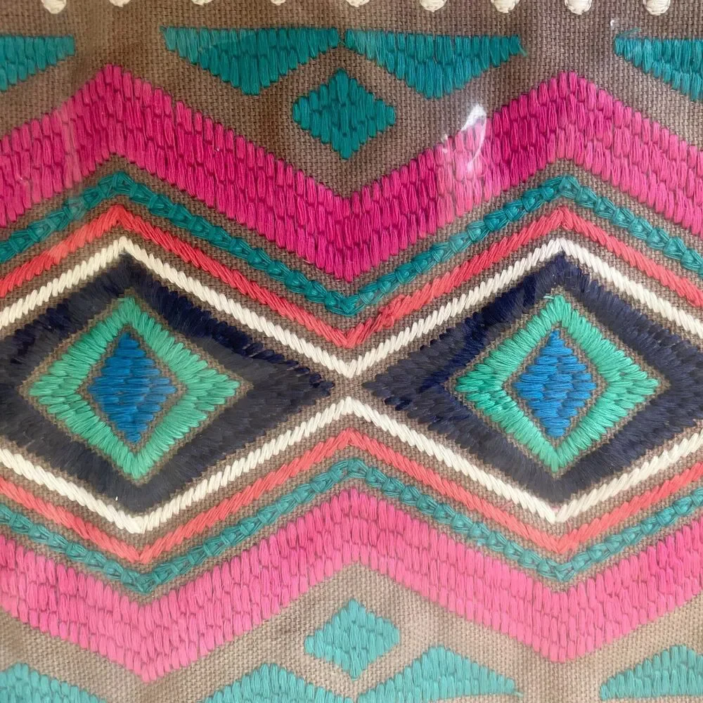 West Elm Southwest Embroidered Throw Pillow Cover Taupe Pink Turquoise 15 x 16